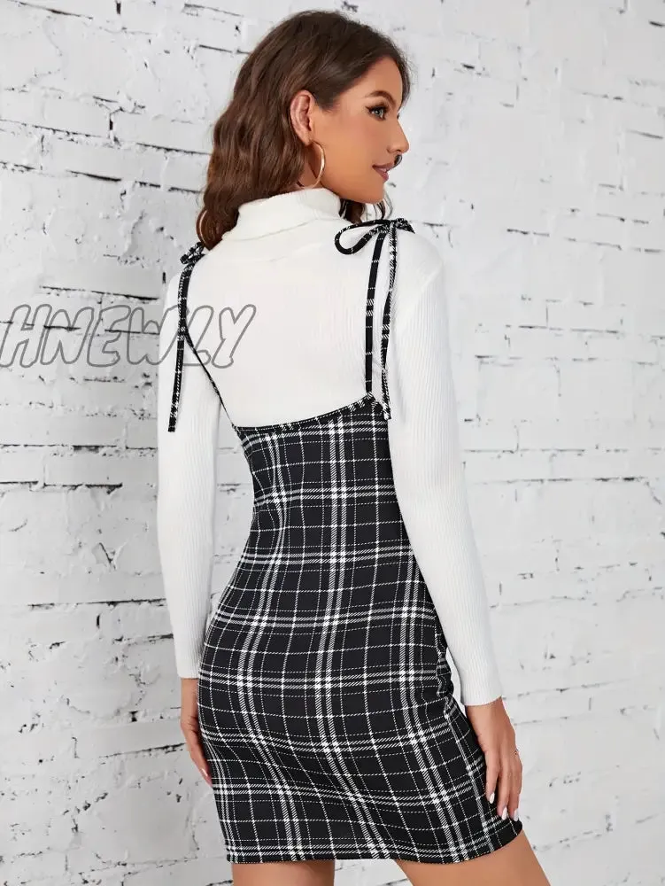 Hnewly Plaid Print Overall Dress, Sexy Spaghetti Strap Bodycon Split Dress, Women's Clothing