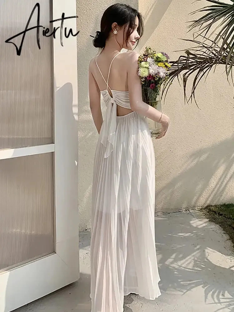 Holiday Deep V-neck Chiffon White Dresses Chic Long Women's Spaghetti Strap Dress Summer New Pleated Beach Dress Sundress