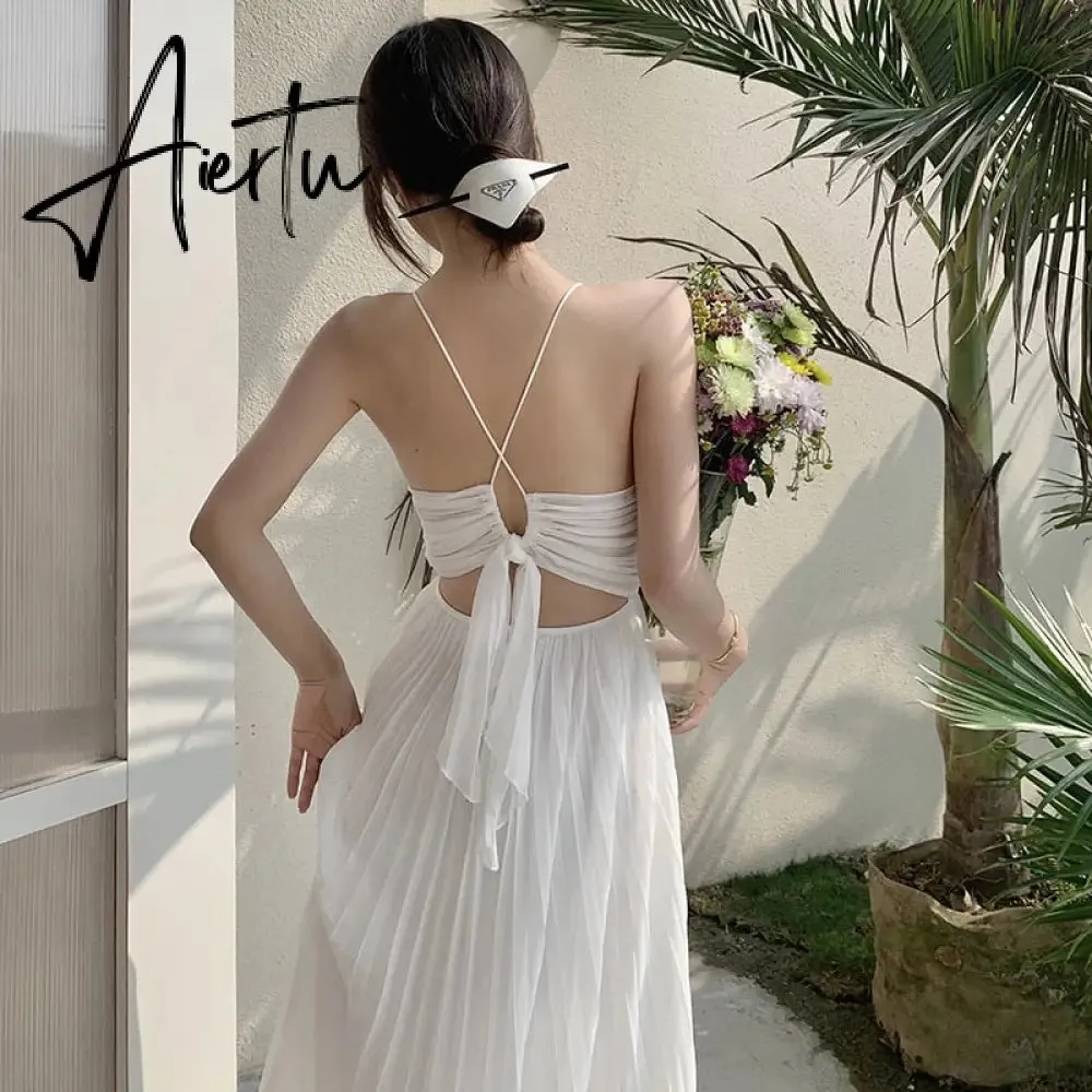 Holiday Deep V-neck Chiffon White Dresses Chic Long Women's Spaghetti Strap Dress Summer New Pleated Beach Dress Sundress