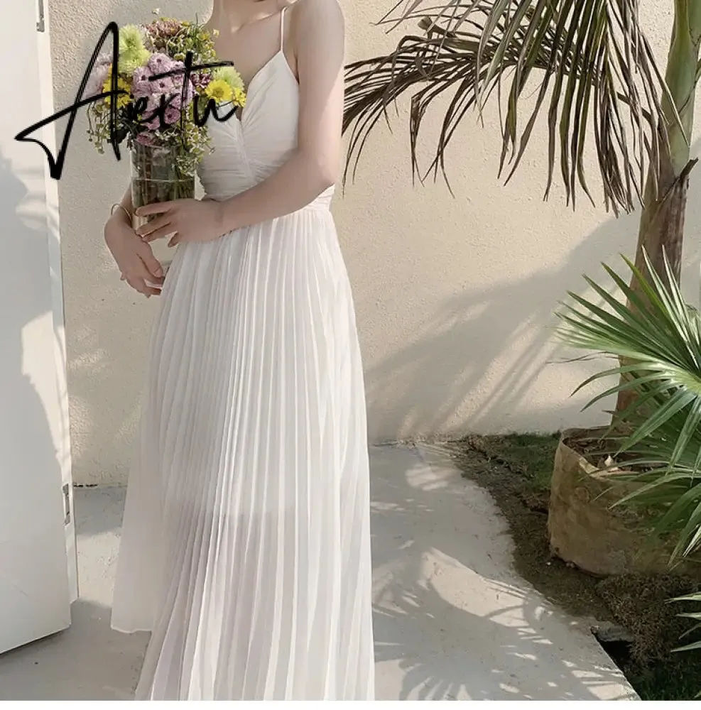 Holiday Deep V-neck Chiffon White Dresses Chic Long Women's Spaghetti Strap Dress Summer New Pleated Beach Dress Sundress