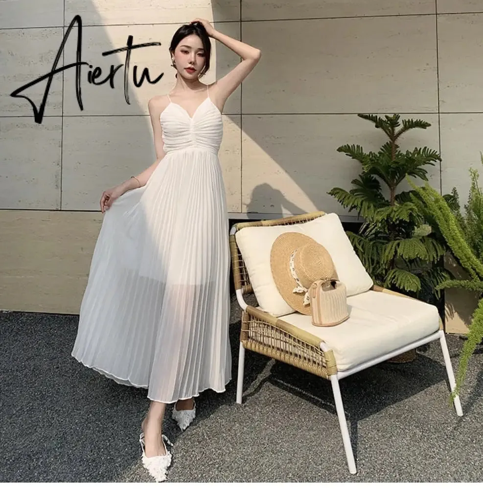 Holiday Deep V-neck Chiffon White Dresses Chic Long Women's Spaghetti Strap Dress Summer New Pleated Beach Dress Sundress