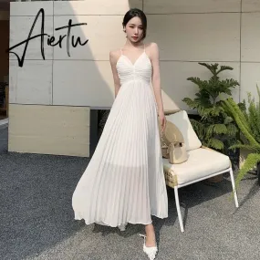 Holiday Deep V-neck Chiffon White Dresses Chic Long Women's Spaghetti Strap Dress Summer New Pleated Beach Dress Sundress