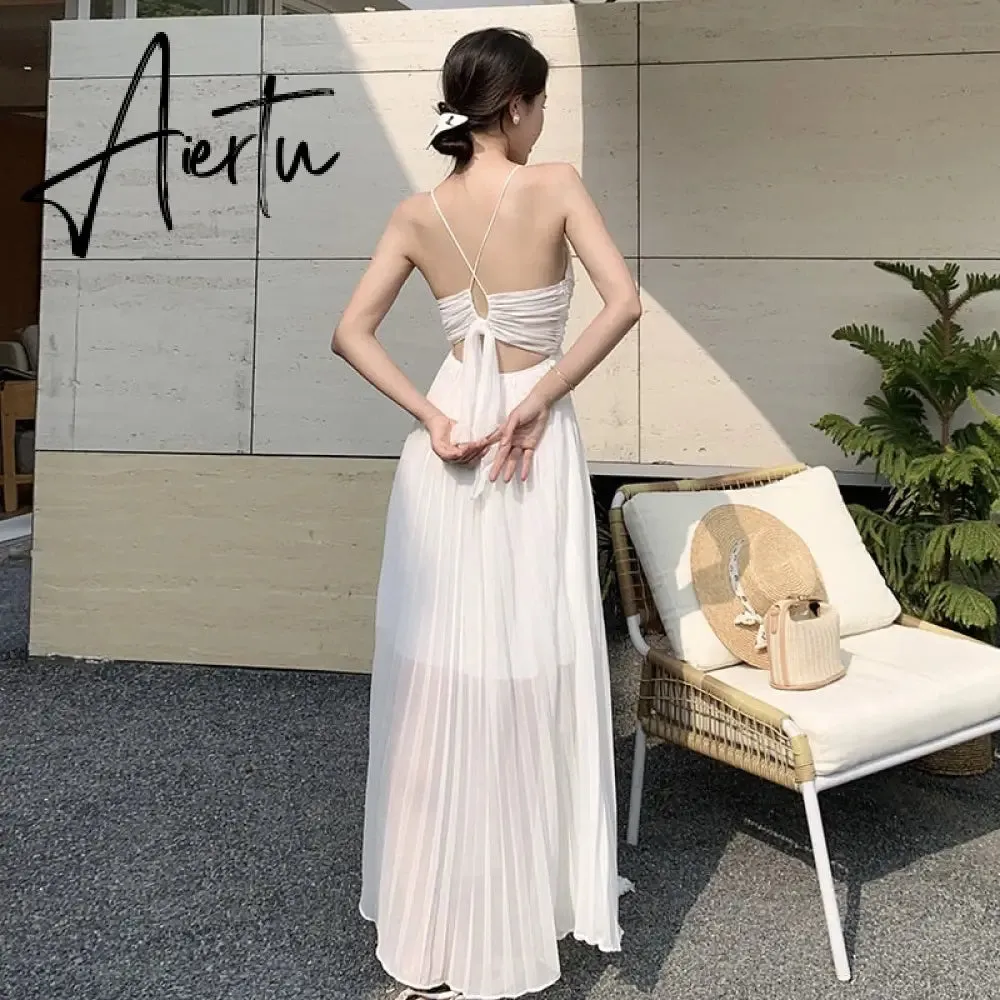 Holiday Deep V-neck Chiffon White Dresses Chic Long Women's Spaghetti Strap Dress Summer New Pleated Beach Dress Sundress