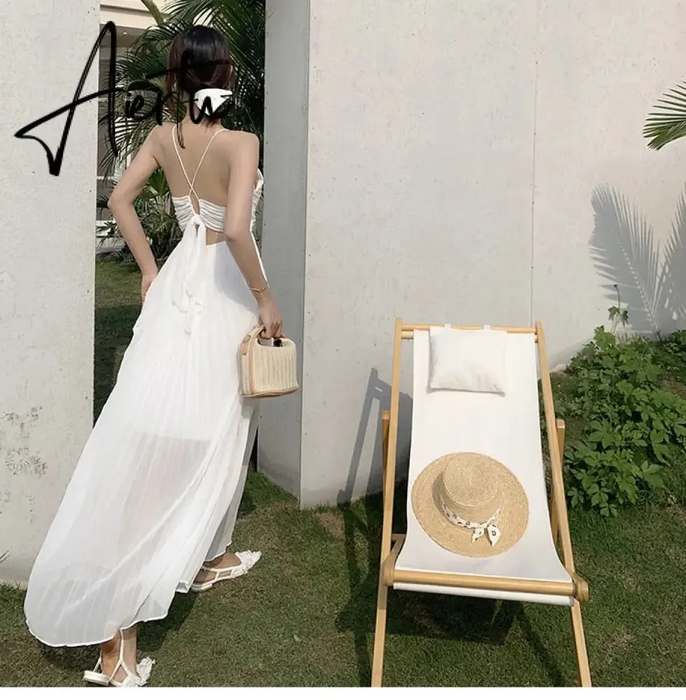 Holiday Deep V-neck Chiffon White Dresses Chic Long Women's Spaghetti Strap Dress Summer New Pleated Beach Dress Sundress