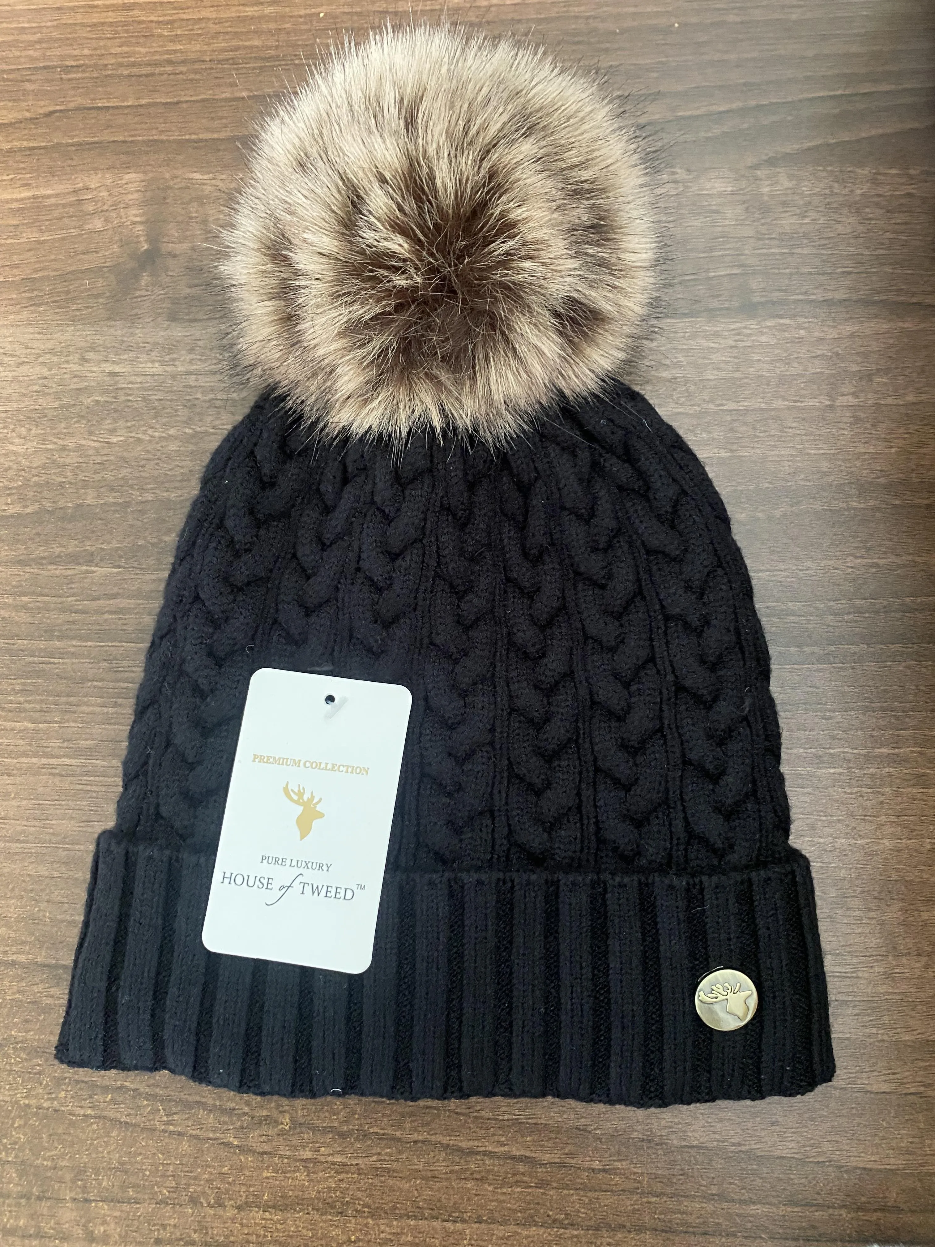 House of Tweed Luxury Plaited Ladies Bobble Pom Pom Beanie Hats