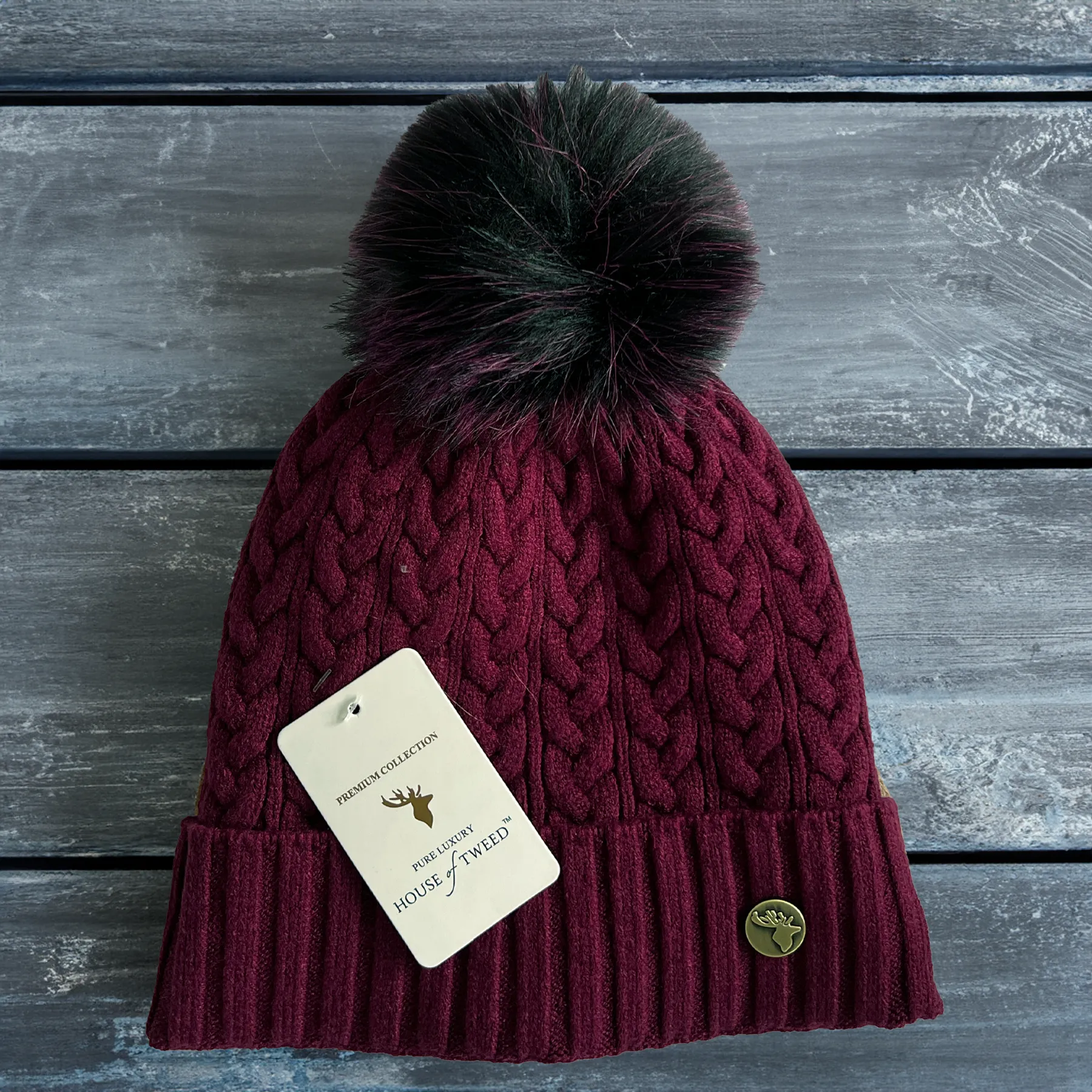 House of Tweed Luxury Plaited Ladies Bobble Pom Pom Beanie Hats