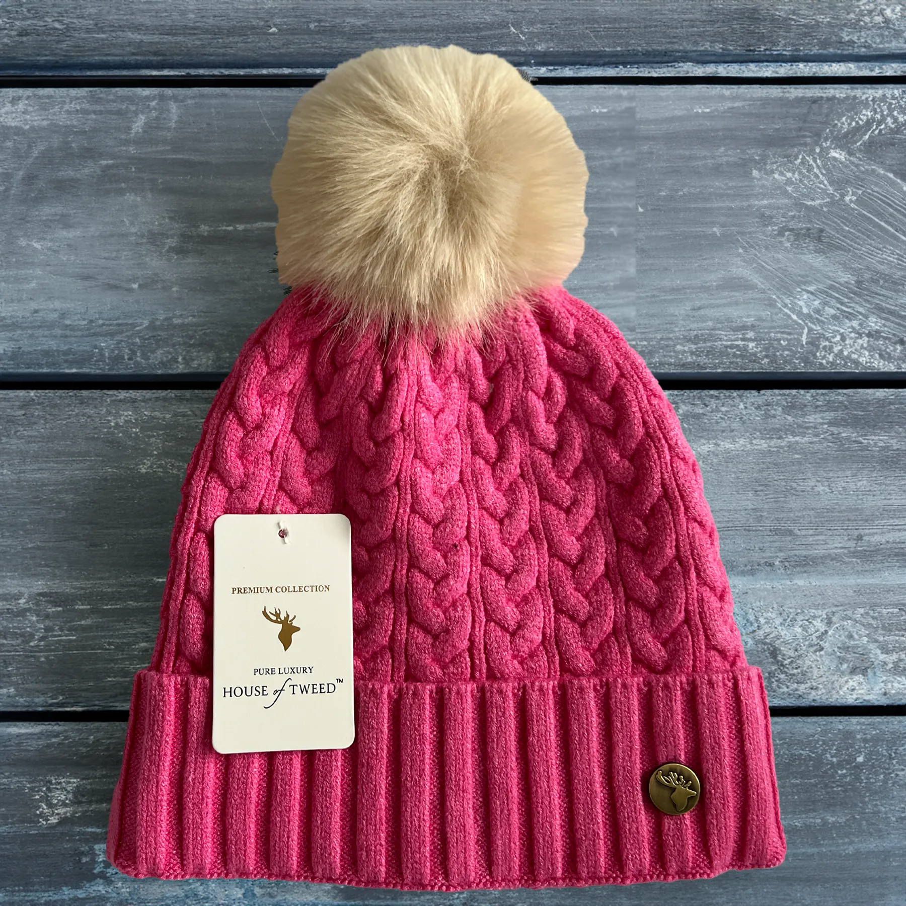 House of Tweed Luxury Plaited Ladies Bobble Pom Pom Beanie Hats