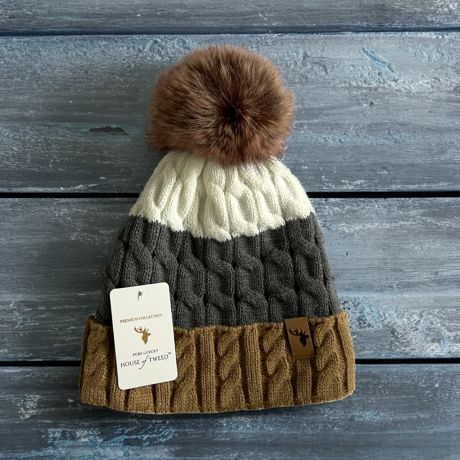 House of Tweed Luxury Plaited Ladies Bobble Pom Pom Beanie Hats