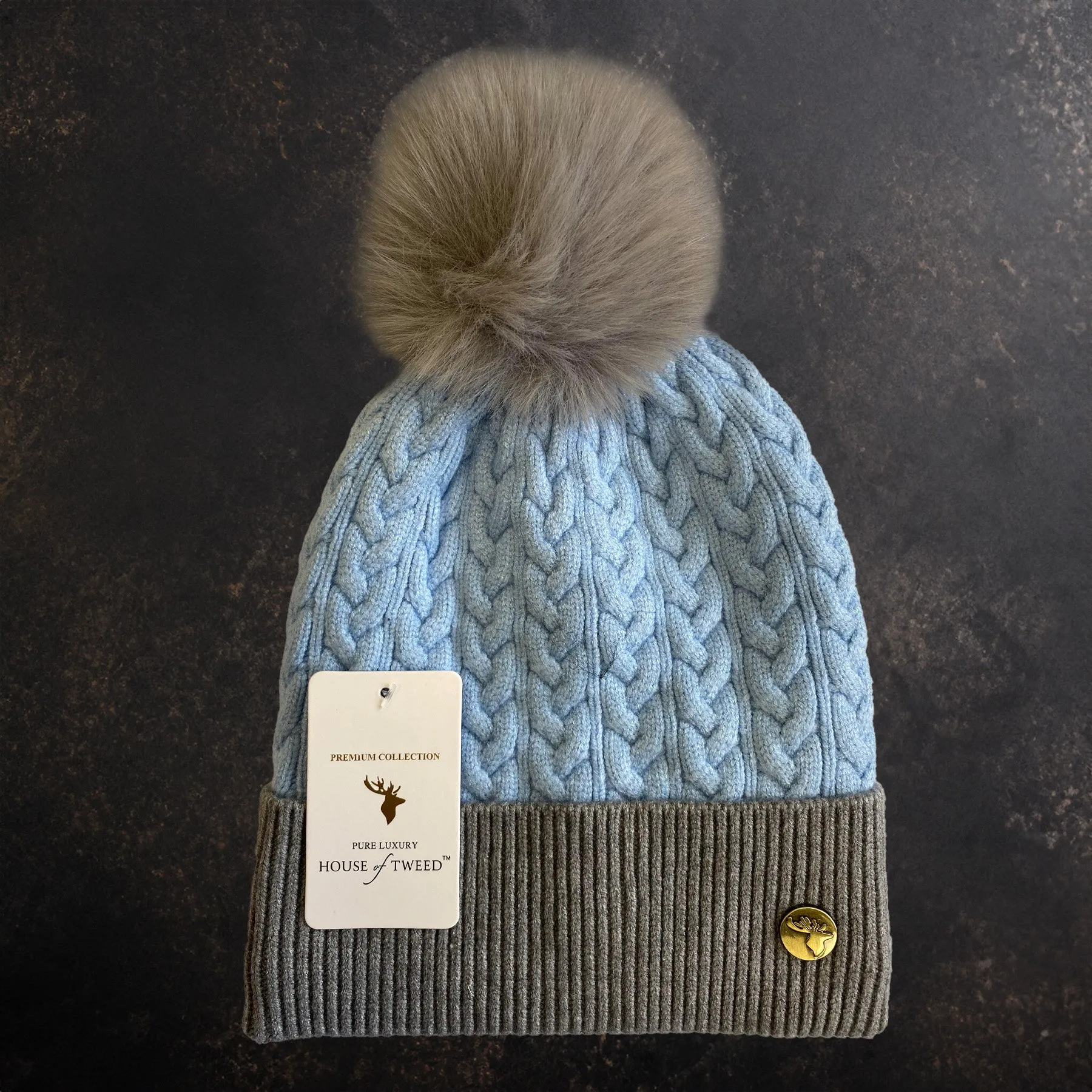 House of Tweed Luxury Plaited Ladies Bobble Pom Pom Beanie Hats