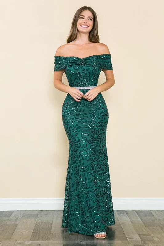 Hunter Green Off Shoulder Sheer Paisley Sequin Formal Dress