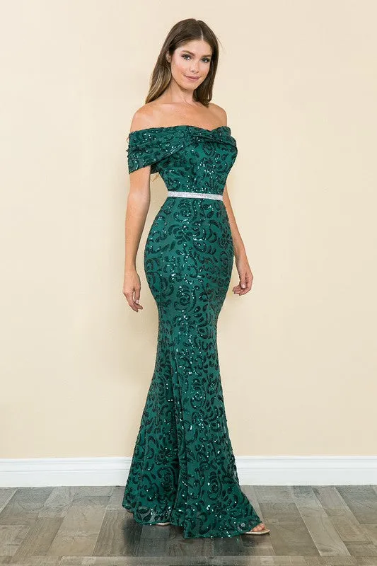 Hunter Green Off Shoulder Sheer Paisley Sequin Formal Dress