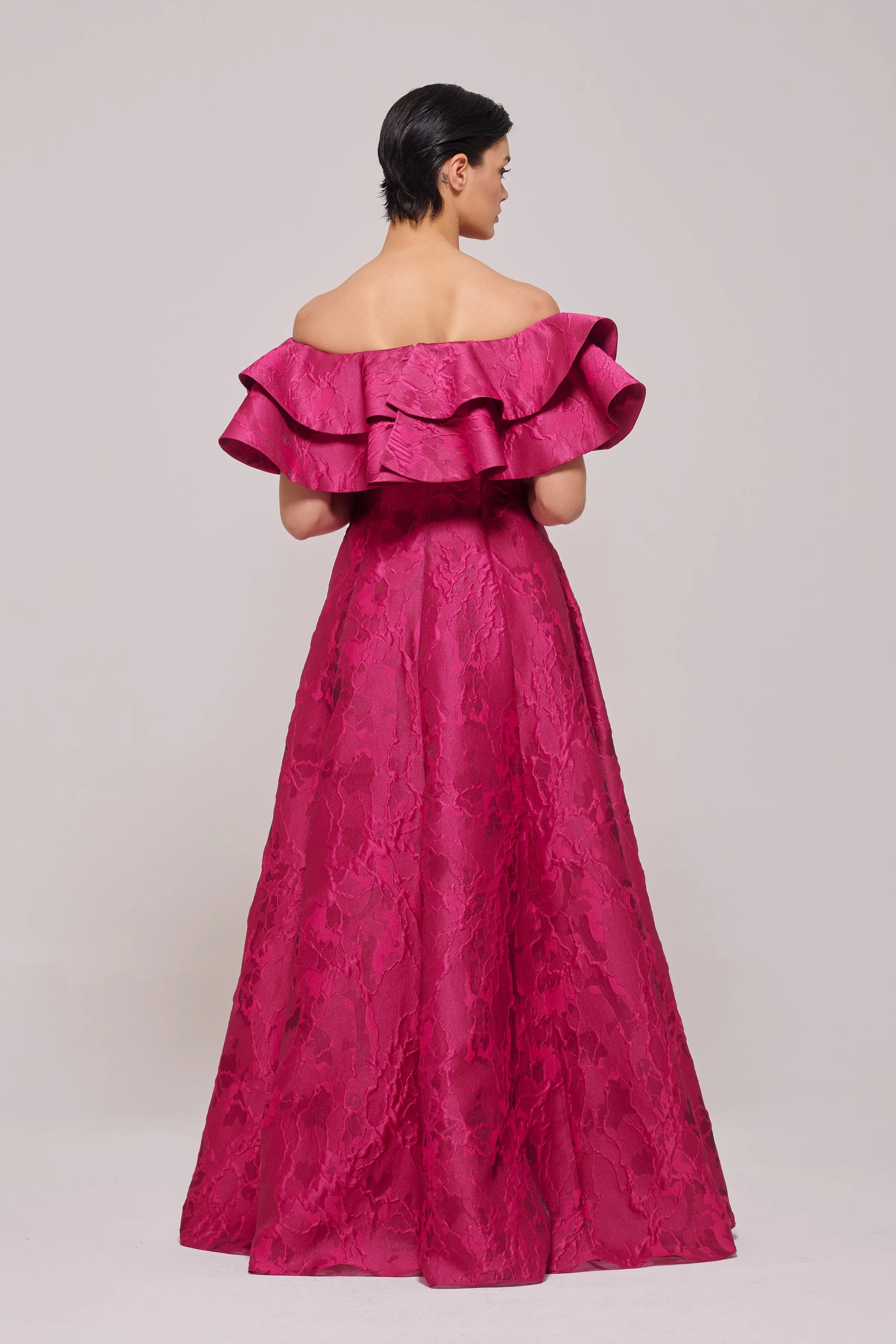 Layered Off The Shoulder Long Fuchsia Dress