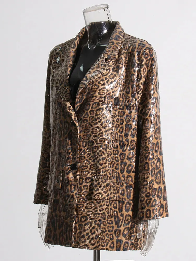 Leopard Patchwork Sequins Blazers For Women Notched Collar Long Sleeve Spliced Button Casual Blazer Female Clothing