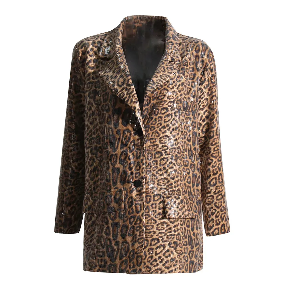 Leopard Patchwork Sequins Blazers For Women Notched Collar Long Sleeve Spliced Button Casual Blazer Female Clothing