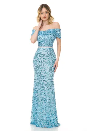 Light Blue Shoulder Sheer Paisley Sequin Formal Dress