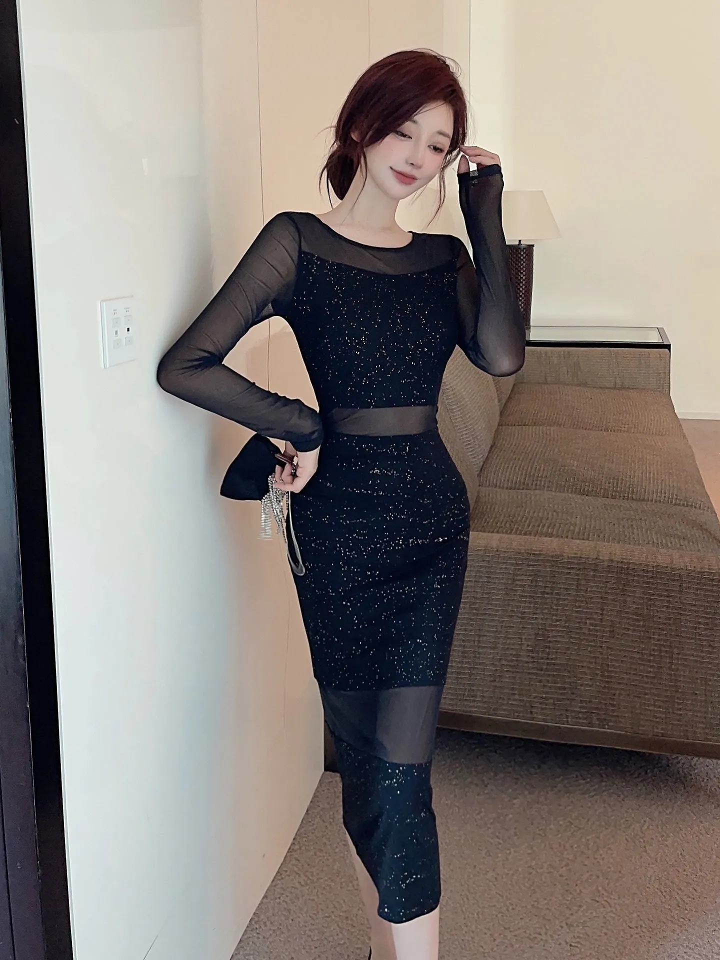 Long-Sleeve Black Glitter Party Dress with Sheer Overlay