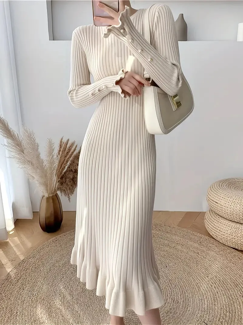 Long Sleeve Bodycon Ribbed Ruffle Hem Dress