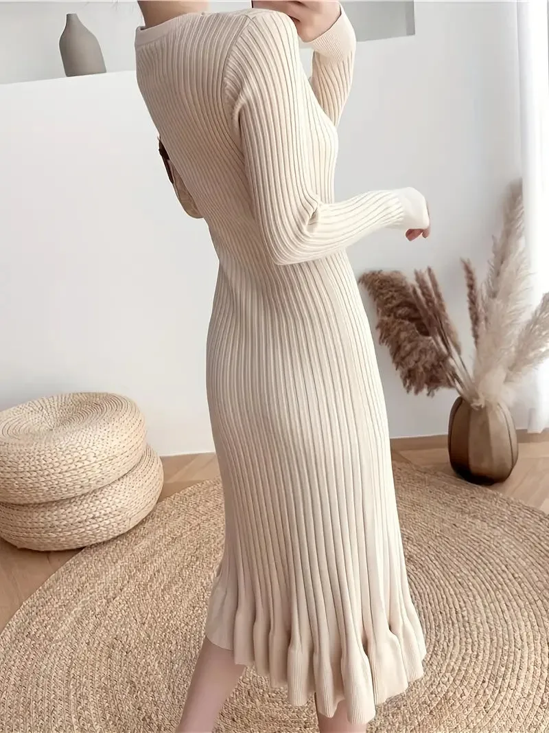 Long Sleeve Bodycon Ribbed Ruffle Hem Dress