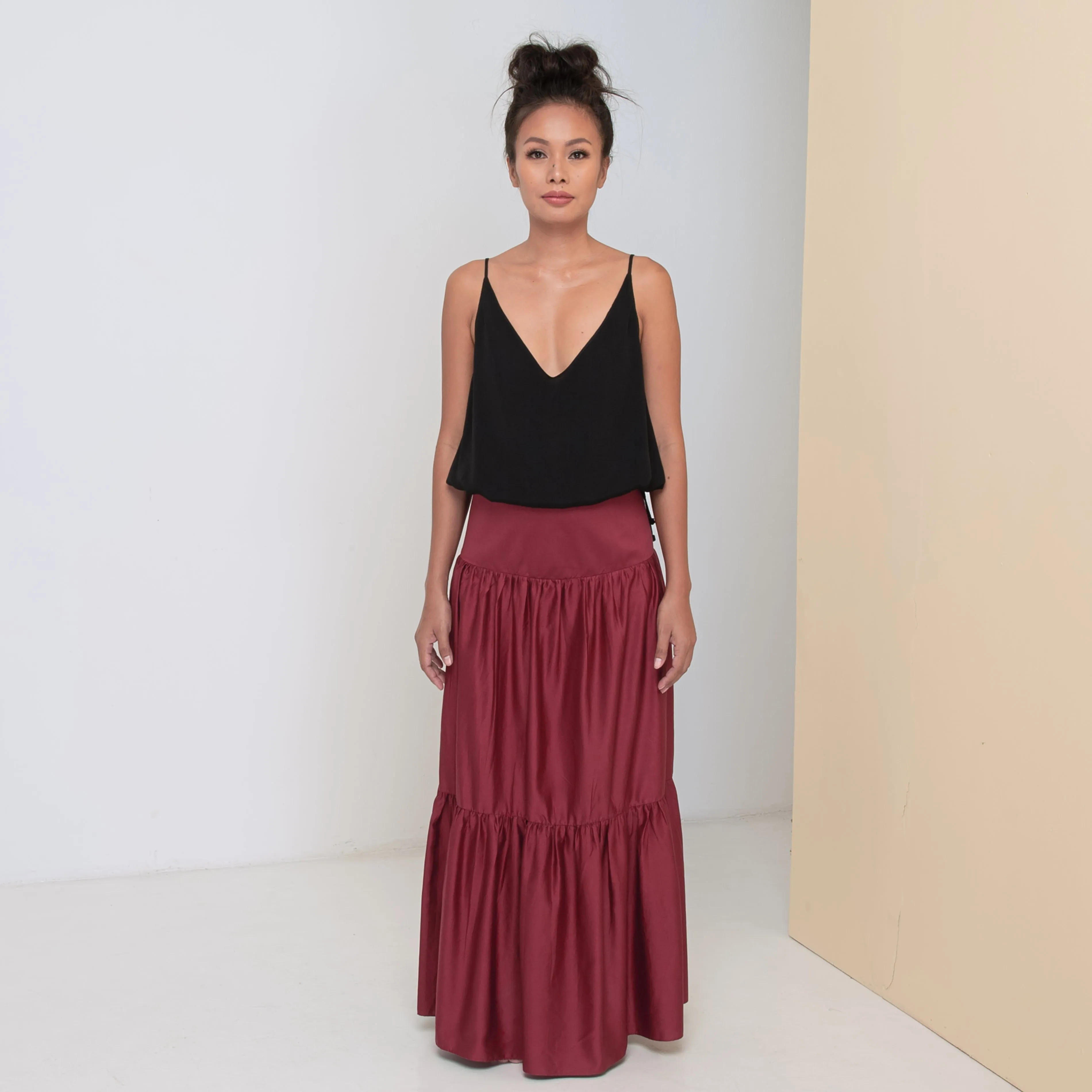 LONG VOLANTS SKIRT - Cotton Sateen | Burgundy