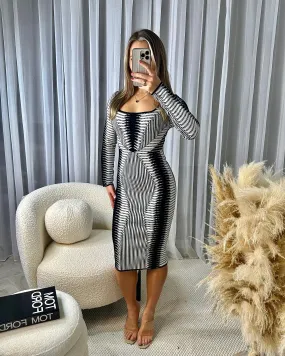 Maizie Square Neck Patterned Midi Dress - Black/White