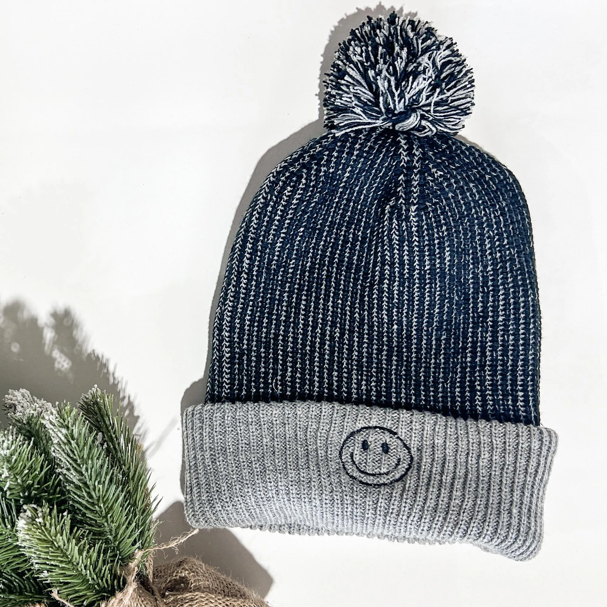 Marbled Black Embroidered Pom Pom Beanie