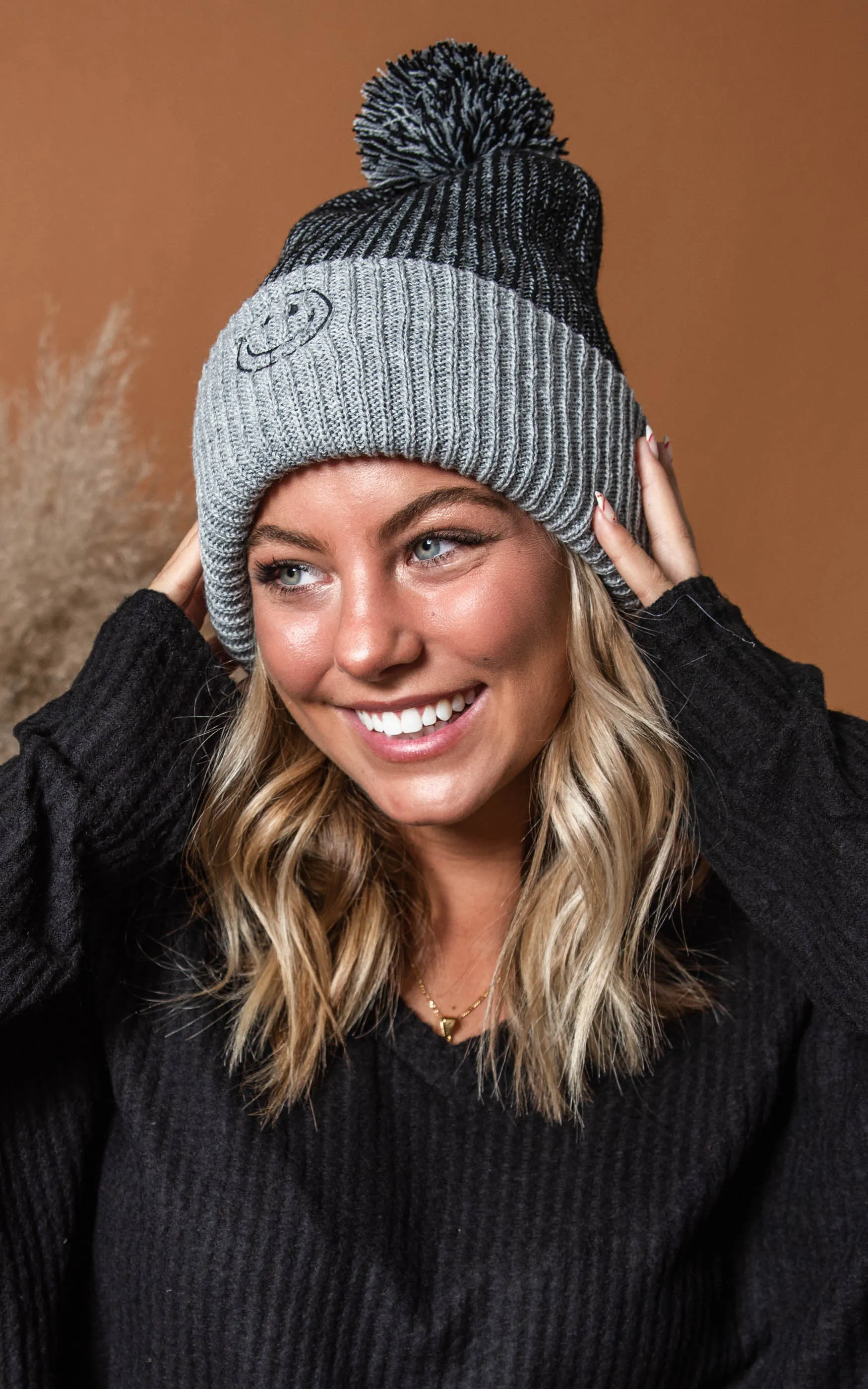 Marbled Black Embroidered Pom Pom Beanie