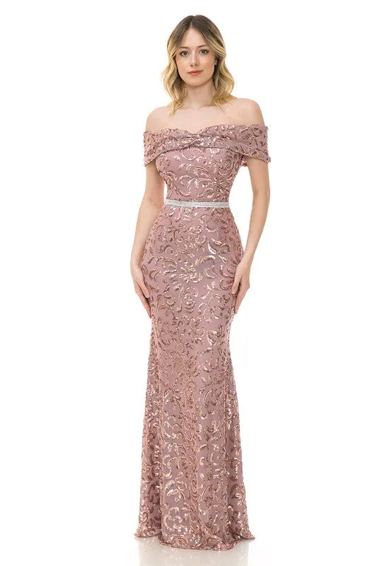 Mauve Off Shoulder Sheer Paisley Sequin Formal Dress