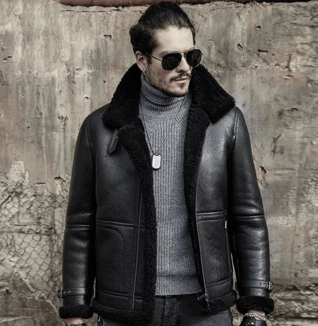 Mens Black Sheepskin Heavy Aviator Shearling Jacket