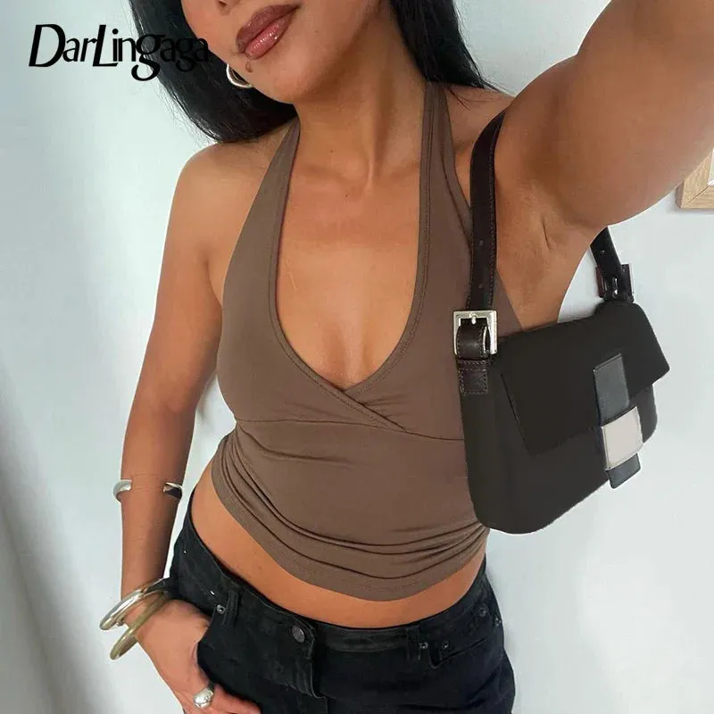 Metaversmall Casual Basic Backless Halter Top Women Streetwear Sporty Chic Summer Crop Tops for Women All-Match Camisole Outfits