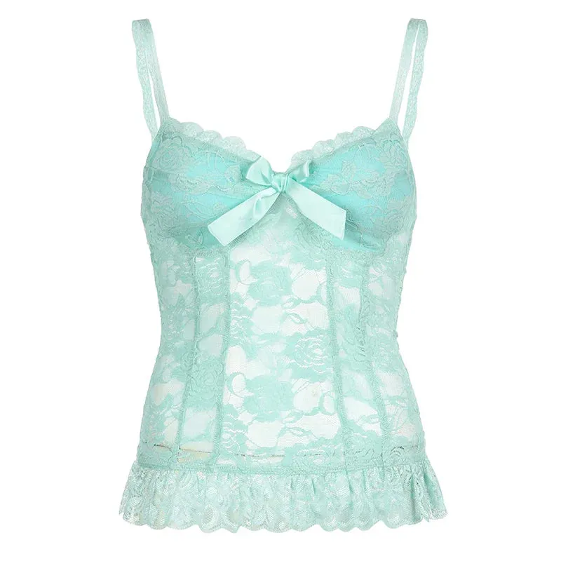 Metaversmall Fashion Chic Sexy Lace Top Camisole Bow Ruffles Transparent Corset Crop Top Women Hotsweet Coquette Clothes Chic Tank