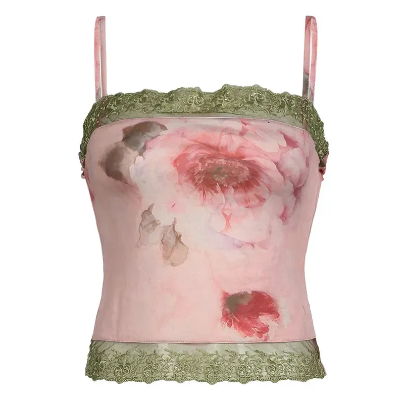 Metaversmall Vintage Pink Flowers Printed Y2K Top Camisole Summer Fitness Fashion Chic Lace Spliced Sexy Crop Tops Women Contrast