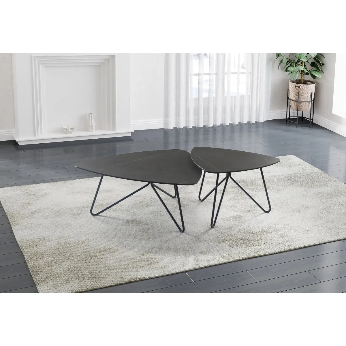 Modern Triangular End Table with Grey Marble Ceramic Top