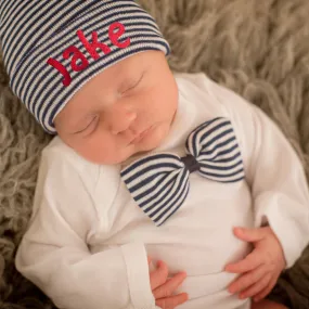 Navy Blue and White Stripe Boys Bow Tie and Beanie Set - Newborn Boy Navy and White Striped Hospital Hat