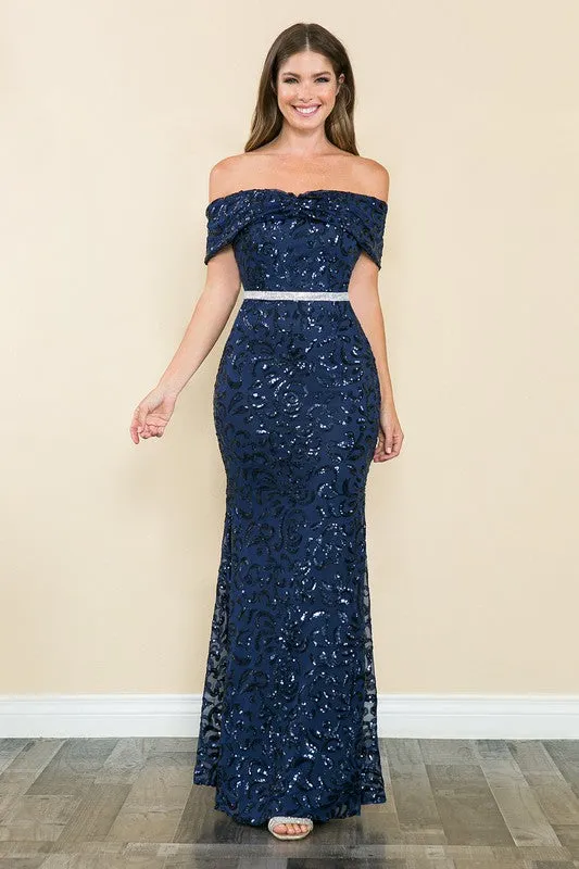 Navy Blue Shoulder Sheer Paisley Sequin Formal Dress