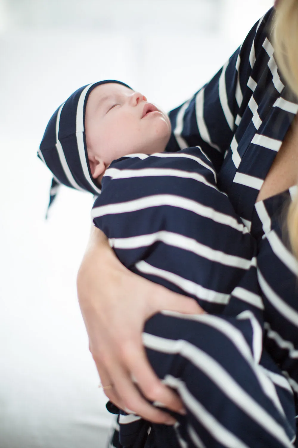 Navy Striped Swaddle Blanket & Knotted Hat Set