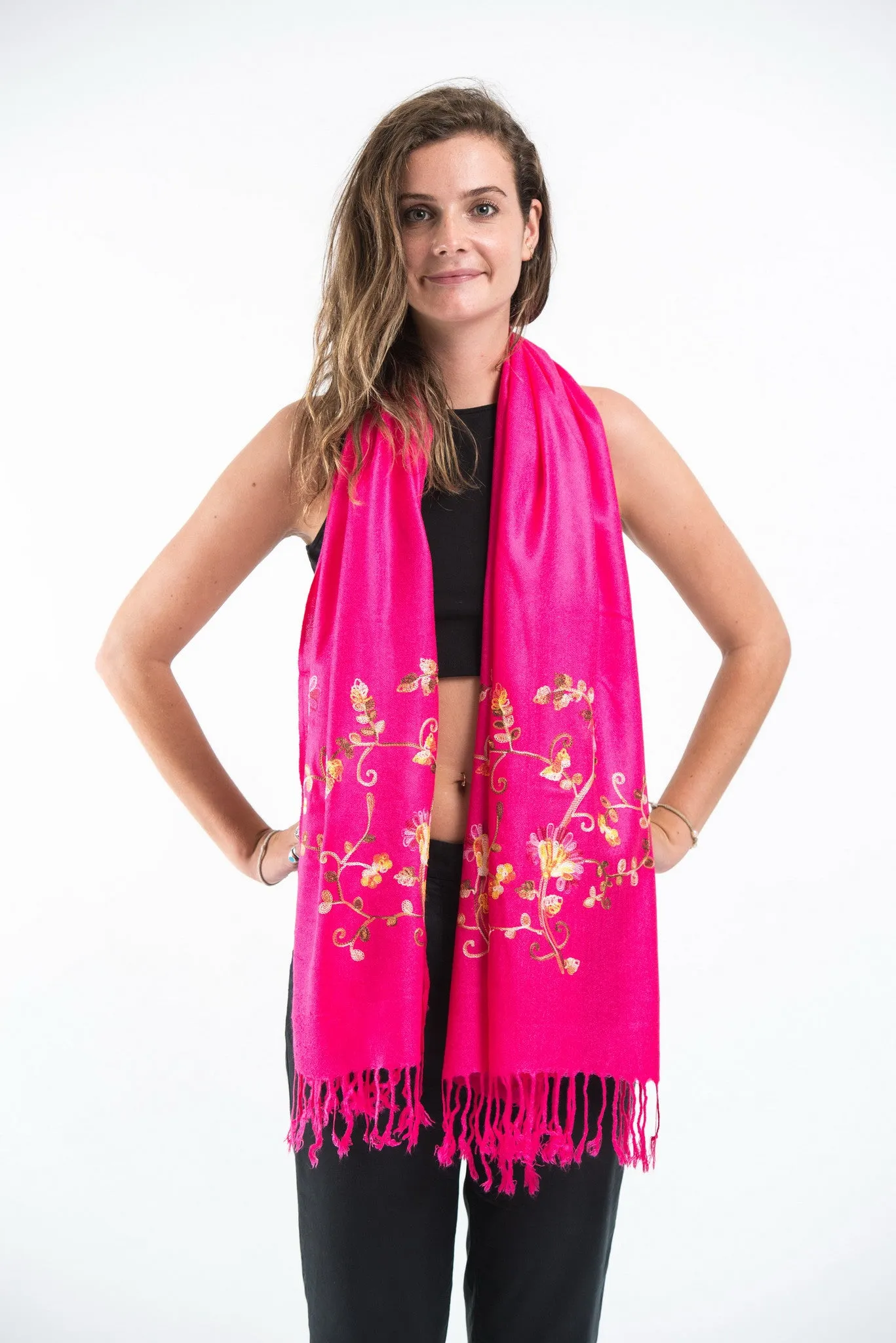 Nepal Floral Embroidered Pashmina Shawl Scarf in Pink