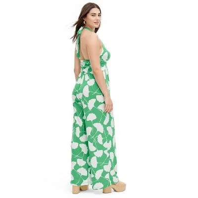 New - Diane von Furstenberg Women's Halter Jumpsuit Deep V-Neck, Ginkgo Green