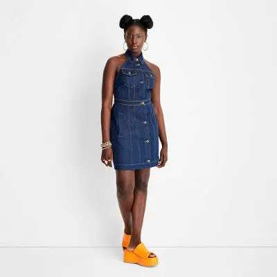 New - Future Collective Alani Noelle Women's Halter Denim Overall Mini Dress