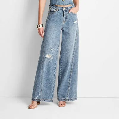 New - Future Collective with Jenee Naylor Women's Wide Leg Full Distressed Jeans