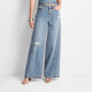 New - Future Collective with Jenee Naylor Women's Wide Leg Full Distressed Jeans