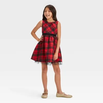 New - Girls' Sleeveless Plaid Dress - Cat & Jack Red XS