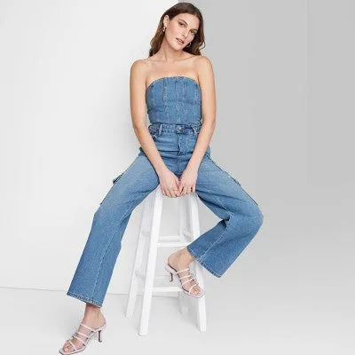 New - Wild Fable Women's Tube Cargo Denim Jumpsuit Bandeau Strapless Off-The-Shoulder