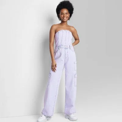 New - Wild Fable Women's Tube Cargo Denim Jumpsuit Bandeau Strapless Off-The-Shoulder