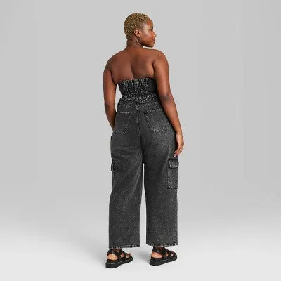 New - Wild Fable Women's Tube Cargo Denim Jumpsuit Bandeau Strapless Off-The-Shoulder