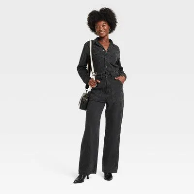 New - Women's Long Sleeve Utility Baggy Denim Jumpsuit - Universal Thread Black 0