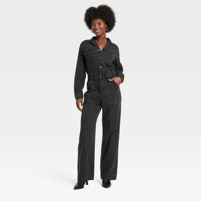 New - Women's Long Sleeve Utility Baggy Denim Jumpsuit - Universal Thread Black 0