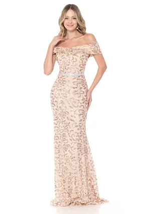 Nude Shoulder Sheer Paisley Sequin Formal Dress