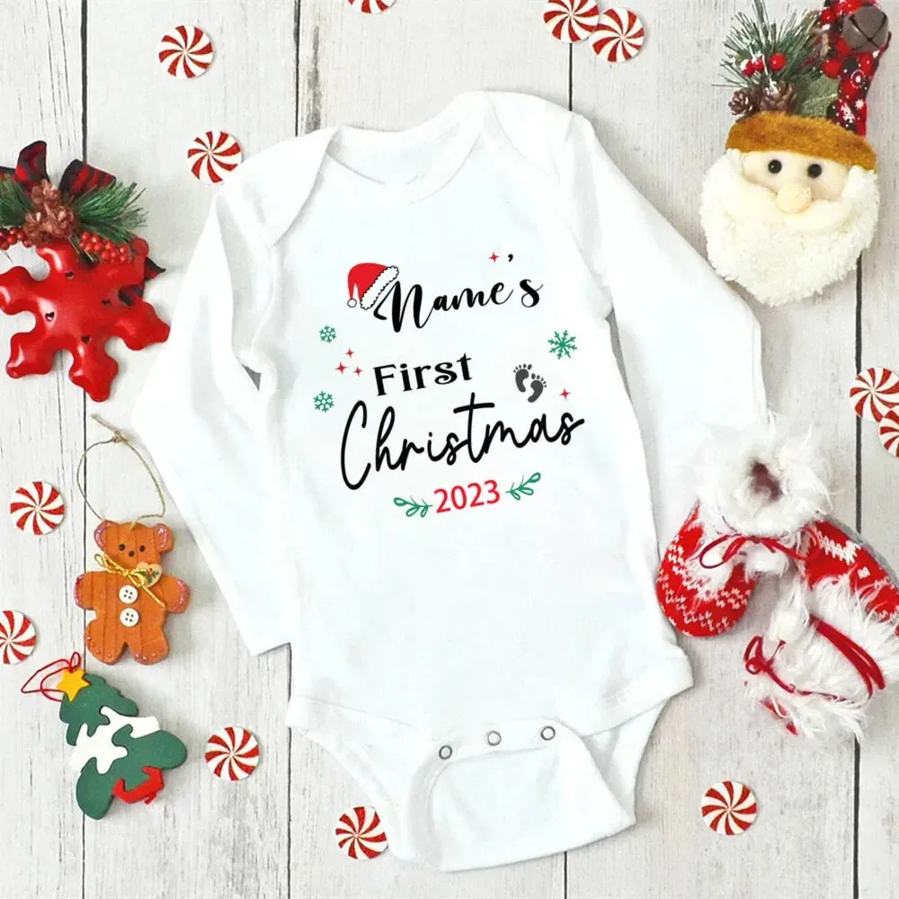 Personalised Baby First Christmas Bodysuits Custom Name Newborn Clothes Boys Girls Long Sleeve Jumpsuit Xmas Party Infant Outfit