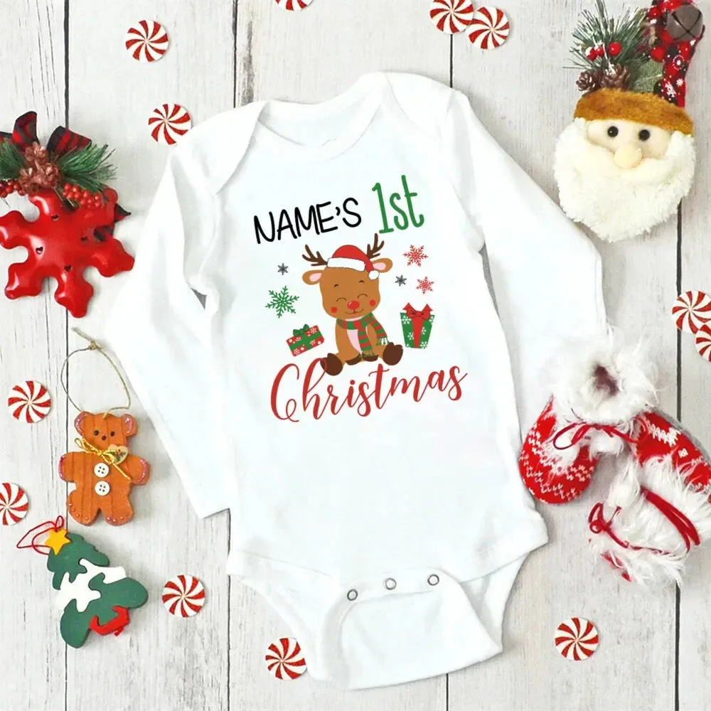 Personalised Baby First Christmas Bodysuits Custom Name Newborn Clothes Boys Girls Long Sleeve Jumpsuit Xmas Party Infant Outfit