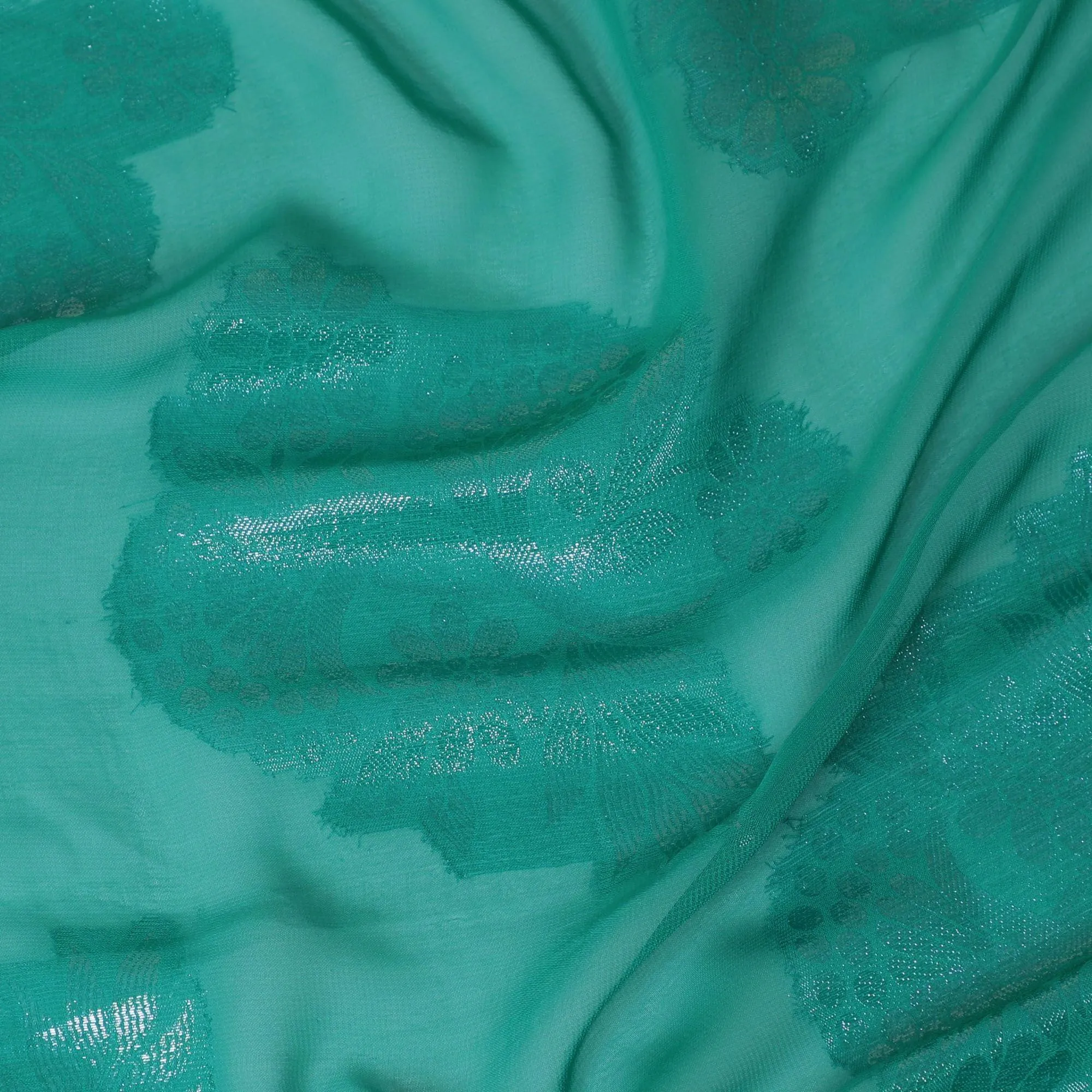 Pine green synthetic chiffon fabric with same tone metallic lurex in floral design-D13805